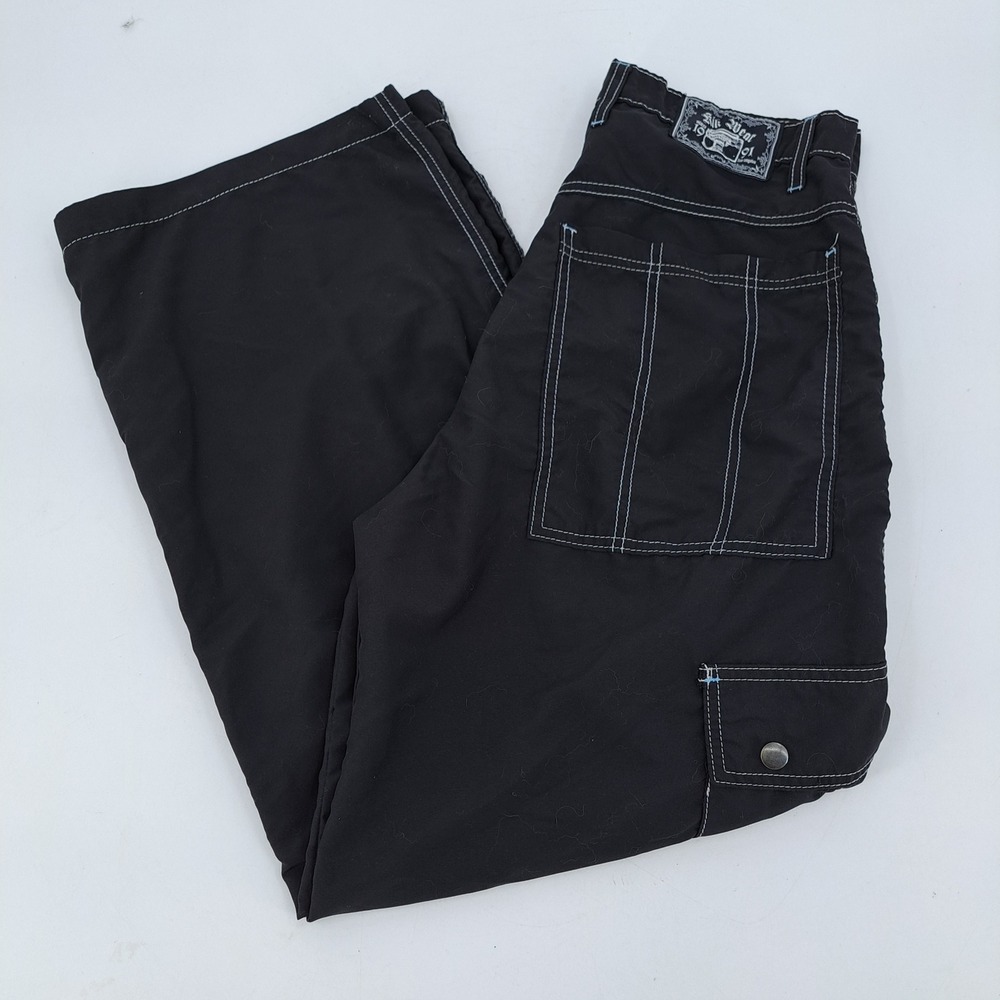 Kikwear Wide Leg Cargo Pants Mens 32 Polyester Black Contrast Stitch Baggy Rave